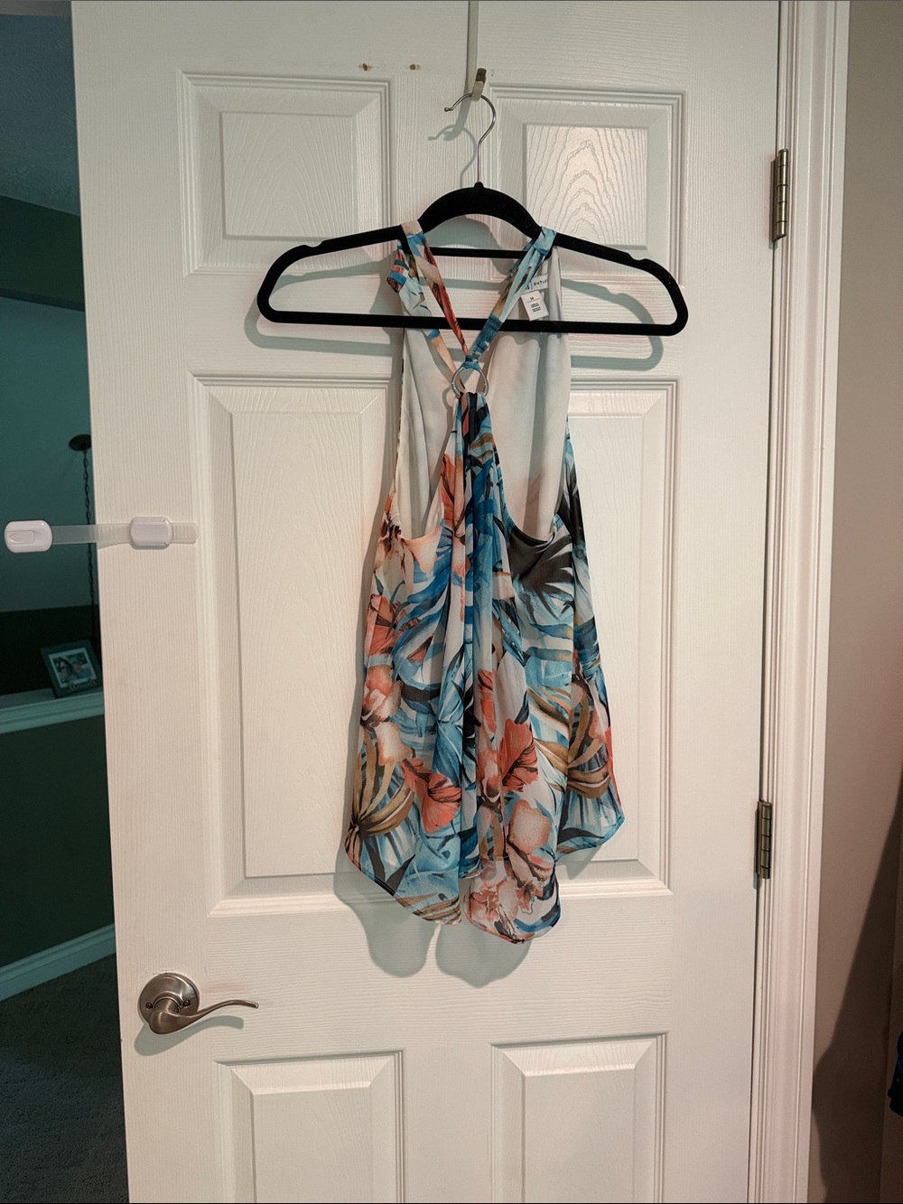 White House Black Market Tropical Floral Halter Tank in Blue and Coral